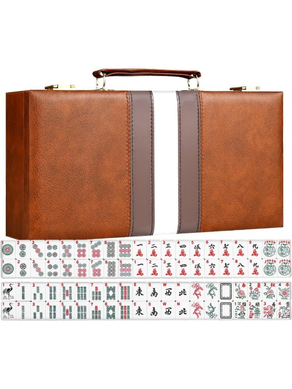 Luxury Mahjong Set with Brown PU Leather Case, 166 Tiles, Chips & Dice, Travel